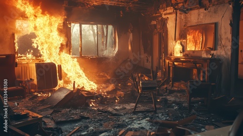 Wallpaper Mural Fiery house fire interior devastation, smoke damage, window view, post-blaze scene, insurance claim Torontodigital.ca