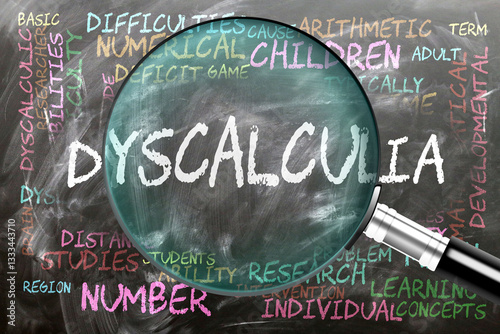 Dyscalculia being studied, examined - under close inspection. Most important subjects and ideas closely related to dyscalculia written on a blackboard inspected by a magnifying glass. ,3d illustration