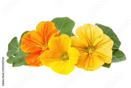 Wallpaper Mural A vibrant display of nasturtium flowers in orange, yellow, and red with their lush green leaves set against a clean white background Torontodigital.ca