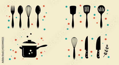 Stylized illustration of kitchenware. Continuous one line drawing kitchen utensils, cooking tool illustration, black and white outline cutlery sketch design isolated on white background. EPS version.