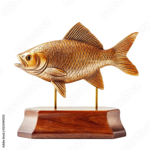 Fishing trophy showcasing a beautifully crafted fish on a wooden base for avid anglers and collectors, Fishing trophy isolated on white background