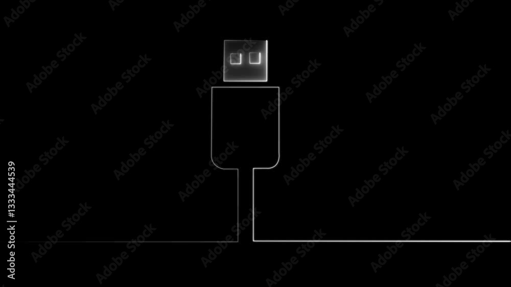 Abstract neon USB cyan port icon set. computer USB socket data cable symbol. connect external device USB sign. isolated on black background.4k video