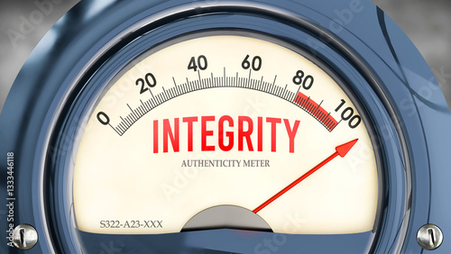 Integrity and Authenticity Meter that is hitting a full scale, showing a very high level of integrity, overload of it, too much of it. Maximum value, off the charts.  ,3d illustration