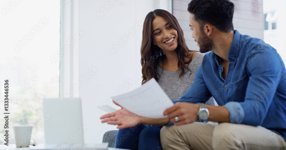 Laptop, discussion or couple with paperwork, planning or loan budget for salary for household bills. Financial, economy news or people with smile for investment, credit score report or savings audit Laptop, discussion or couple with paperwork, planning or loan budget for salary for household bills. Financial, economy news or people with smile for investment, credit score report or savings audit