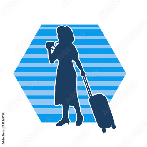 Silhouette of a slim fashionable female traveller carrying travel luggage suitcase