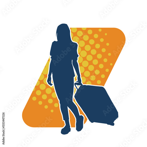 Silhouette of a slim fashionable female traveller carrying travel luggage suitcase