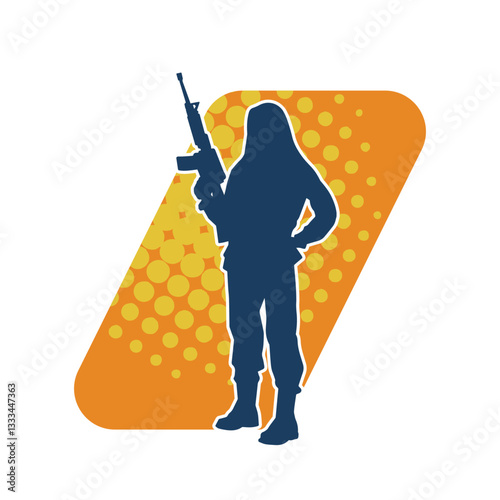 Silhouette of female warrior carrying machine gun weapon. 