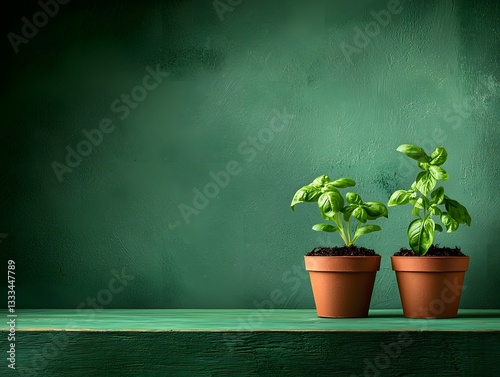 Delicate seedlings bursting forth with tender new growth showcased in miniature peat planting pots resting on a weathered and distressed green wooden surface