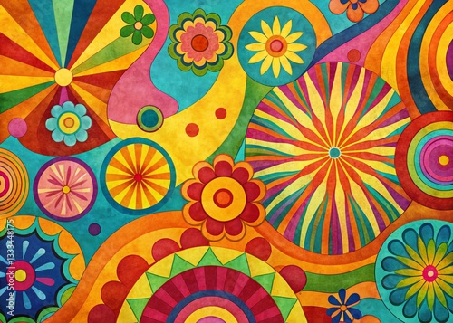 Vintage Psychedelic Groovy Background Set: Hand-Drawn Flat Art, 70s Retro Style Illustrations