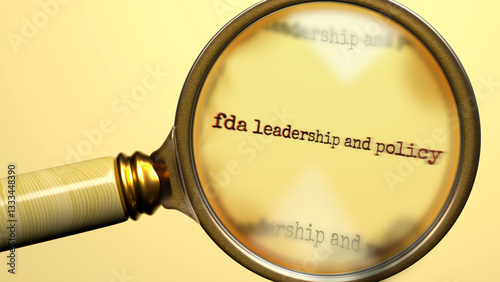 Fda Leadership And Policy under magnifying glass. Search, explore and inspect fda leadership and policy. Take a closer look and analyze fda leadership and policy. ,3d illustration