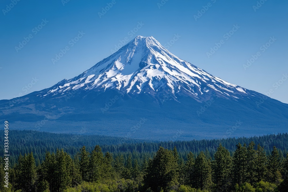 Fototapeta premium Majestic snow-capped peak overlooking a dense forest