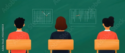 STEM education mathematics skills creativity. Classroom with students programming mathematical simulations, fostering creativity, flat design illustration