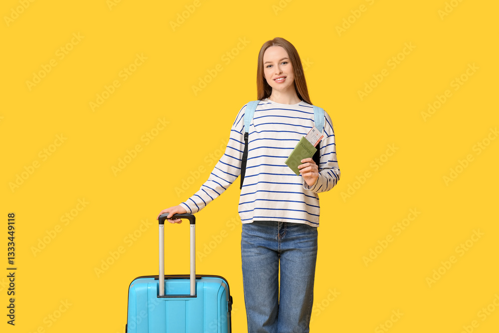 Smiling young woman with backpack, suitcase and passport with ticket on yellow background. Travel concept Smiling young woman with backpack, suitcase and passport with ticket on yellow background. Travel concept