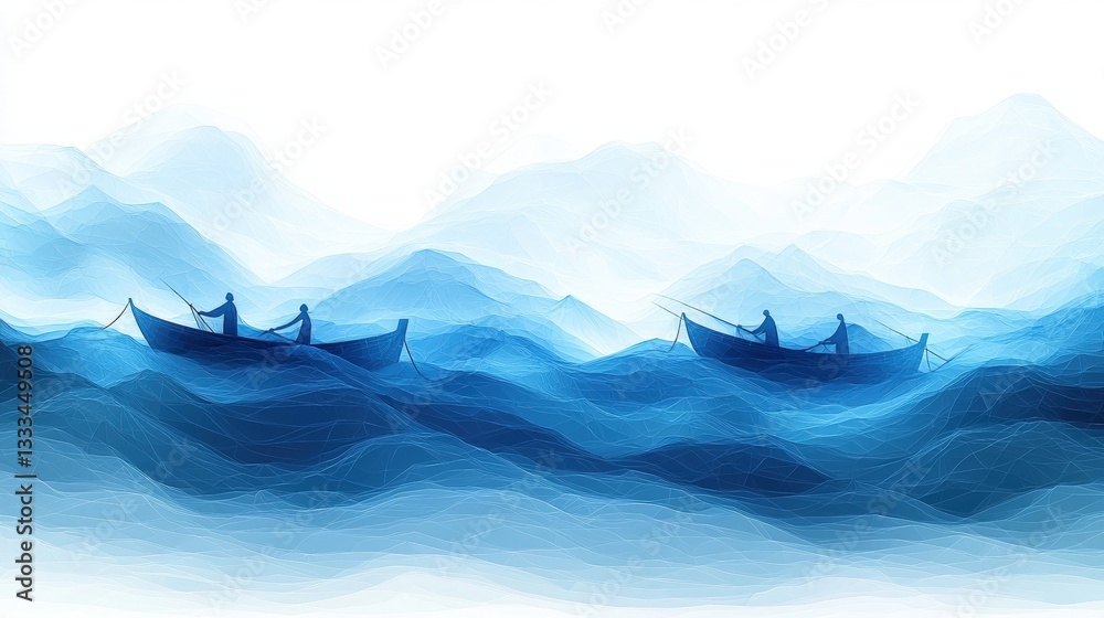 Fototapeta premium Fishermen in Vibrant Blue Waves with Abstract Mountain Backgrounds in Serene Coastal Landscape