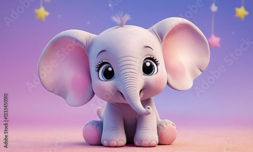 A cute baby elephant with a chubby, rounded body, big expressive eyes, and a cheerful smile