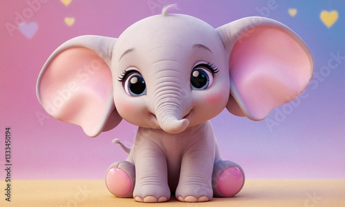 A cute baby elephant with a chubby, rounded body, big expressive eyes, and a cheerful smile