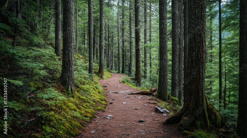 An isolated trail weaving through an evergreen forest, surrounded by towering trees. An isolated trail weaving through an evergreen forest, surrounded by towering trees.