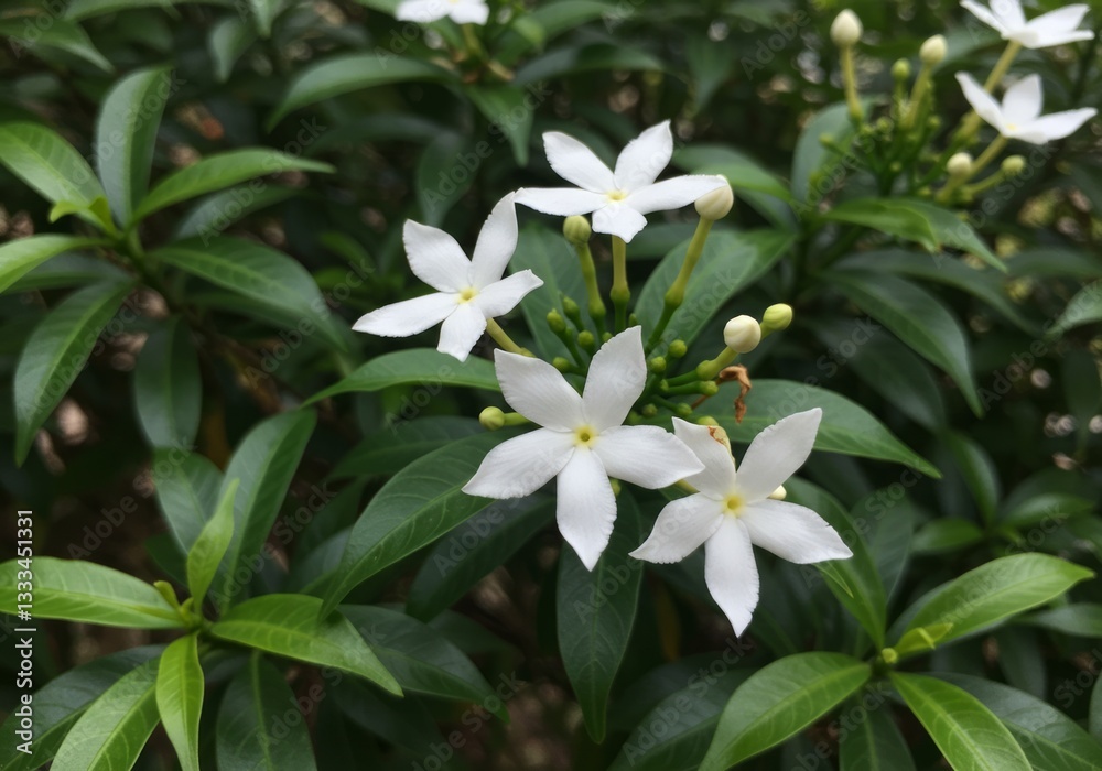 Obraz premium Blooming White Crape Jasmine Flowers with Green Leaves in a Garden