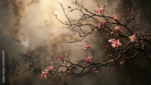 Artistic arrangement of withered branches and soft blooms in dramatic lighting.