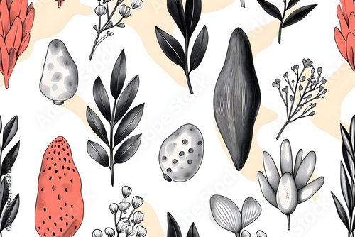 Floral leaves on abstract liquid shapes background
