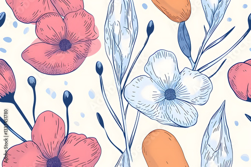 Floral leaves on abstract liquid shapes background
