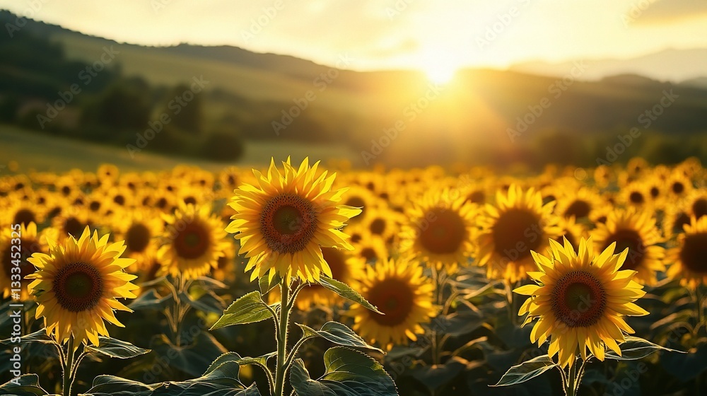 Fototapeta premium Beautiful Field of Blooming Sunflowers Under Golden Sunlight