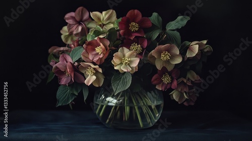 Dark and moody floral arrangement of hellebores in a glass vase, softly illuminated.
