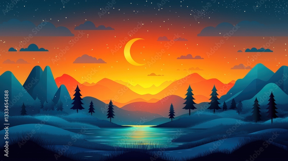 Naklejka premium Serene Sunset Over Tranquil Lake with Mountains and Starry Sky in Vibrant Colors