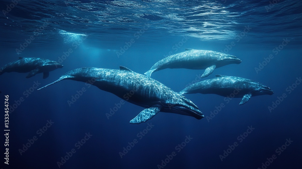 Fototapeta premium Four Majestic Whales Swimming Gracefully in the Ocean Blue Depths