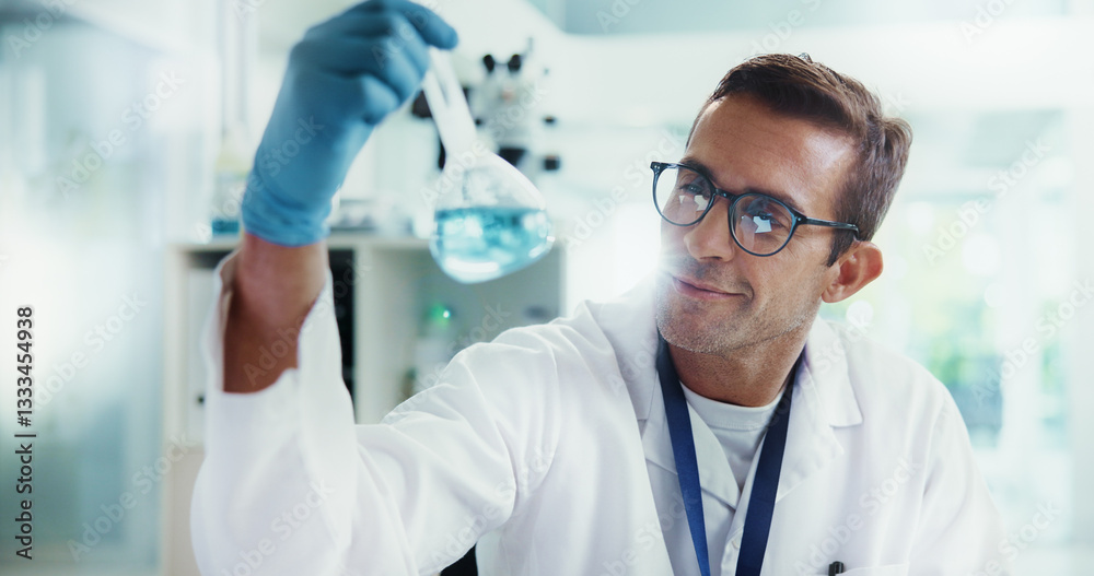 Scientist, man and smile with beaker in lab, review and chemical reaction for medicine development. Person, glass container and check liquid for pharmaceutical, study and medical research for vaccine Scientist, man and smile with beaker in lab, review and chemical reaction for medicine development. Person, glass container and check liquid for pharmaceutical, study and medical research for vaccine