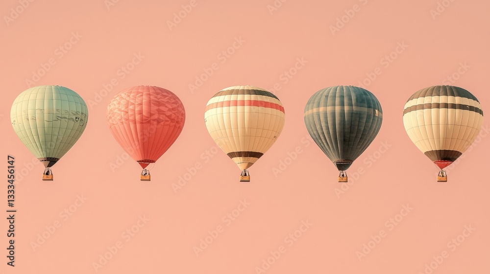 Fototapeta premium Colorful Hot Air Balloons Floating Against a Soft Pink Sky During Sunrise or Sunset