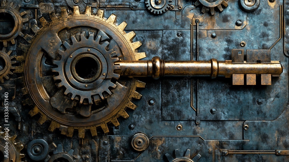 Steampunk Mechanism with Gears and a Key, Metallic Texture and Intricate Details Steampunk Mechanism with Gears and a Key, Metallic Texture and Intricate Details