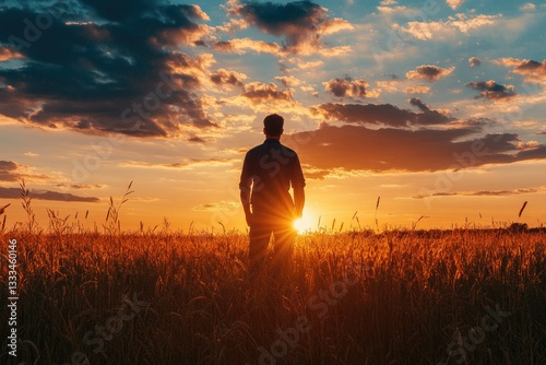 Detailed Picture of Rear View of Man Standing on Field Against Sky During Sunset