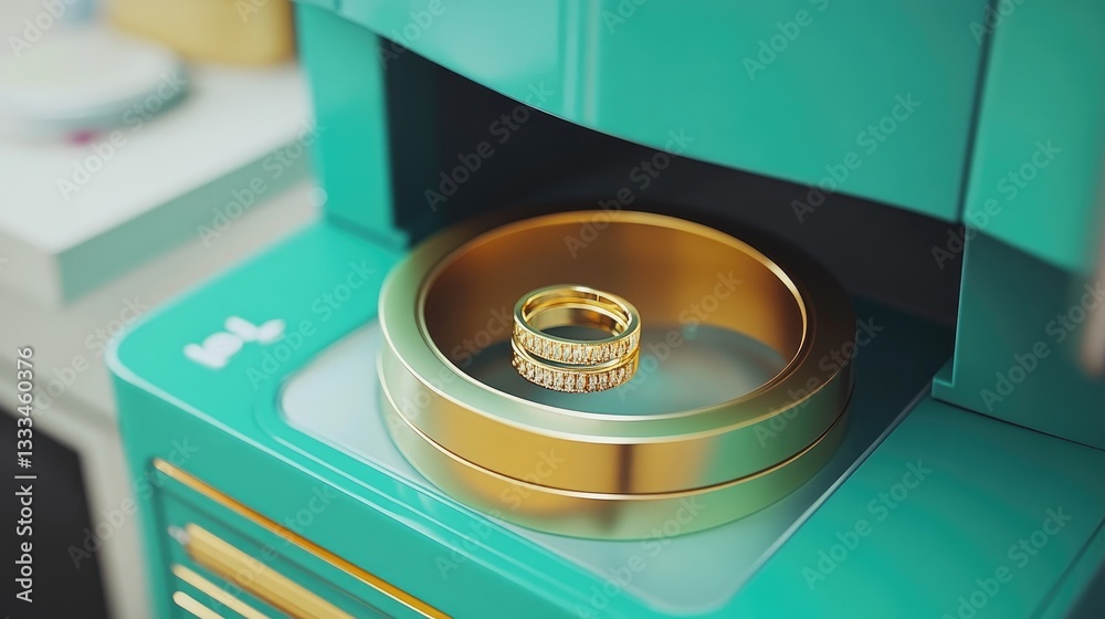 Fototapeta premium A close-up of an ultrasonic jewelry cleaning machine processing delicate gold rings on a vibrant teal background.
