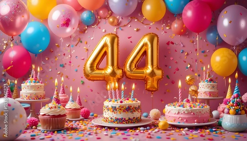 A vibrant and joyful scene depicting a 44th birthday party.