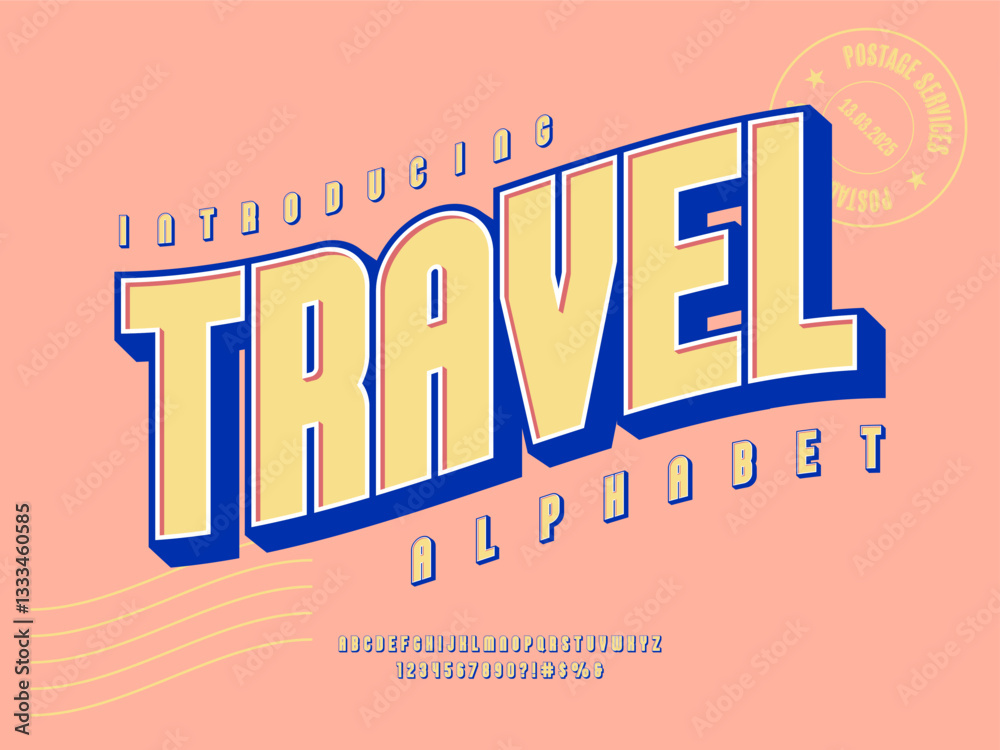 A vector retro travel style of alphabet design with uppercase, numbers and symbols