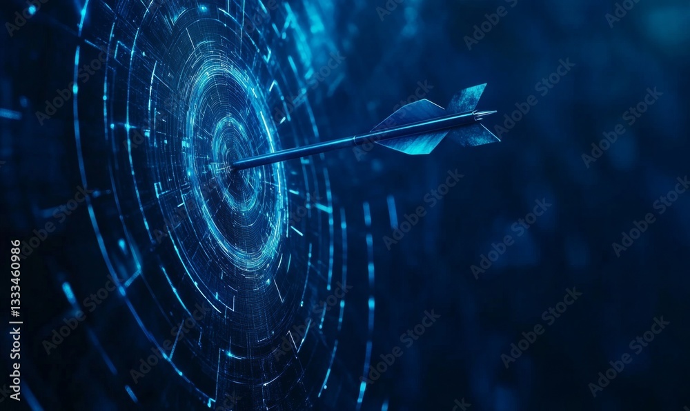 Digital target, arrow hitting bullseye, technology background, success visualization Digital target, arrow hitting bullseye, technology background, success visualization