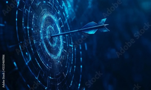 Digital target, arrow hitting bullseye, technology background, success visualization photo