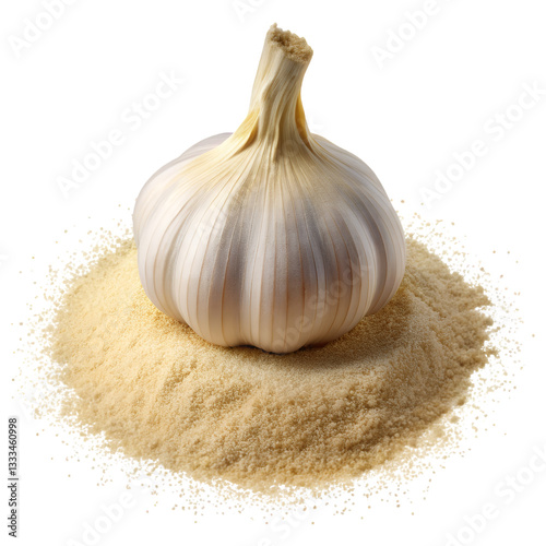 Garlic: A close-up shot of a whole garlic bulb, resting elegantly on a bed of its own powder, showcasing its natural textures, with an inviting light.AI Generated