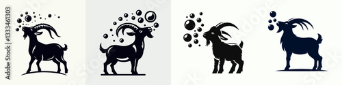Goat blowing bubbles vector graphic simple minimalist silhouette a whimsical illustration of a playful goat creating soapy spheres