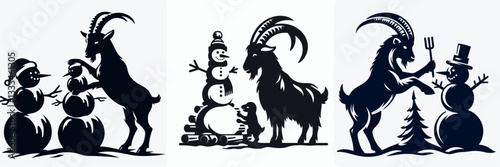 Goat building a snowman vector graphic simple minimalist silhouette a winter wonderland scene