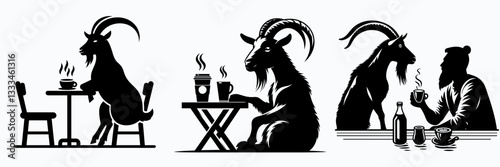 Goat Casual Coffee Date minimalist vector drawing depicts a relaxed afternoon hangout with a friendly goat.
