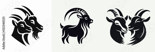 Goat Cheek to Cheek vector outline drawing depicts a playful pair of goats nuzzling affectionately.