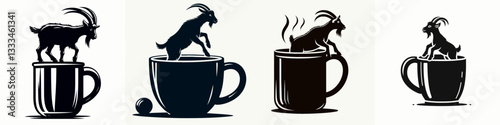 Goat climbing out of giant coffee mug a minimalist vector outline drawing depicts a stubborn, yet charming, escape.