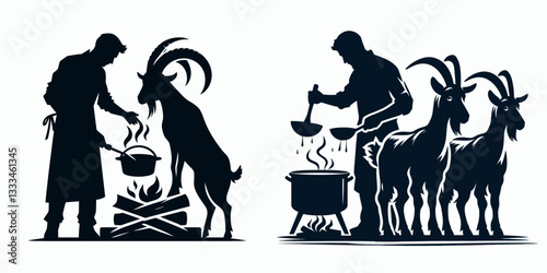 Goat cooking together minimalist vector outline drawing depicts a simple farm scene of culinary goat preparation.