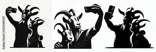 Goat Couple Selfie vector outline drawing a whimsical mountain scene minimalist style