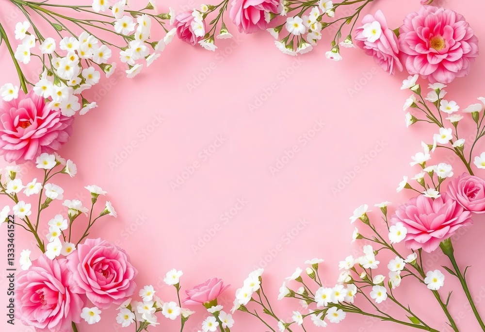 Fototapeta premium Pastel pink background, square photo frame, white & pink gypsophila & carnations, elegant, template