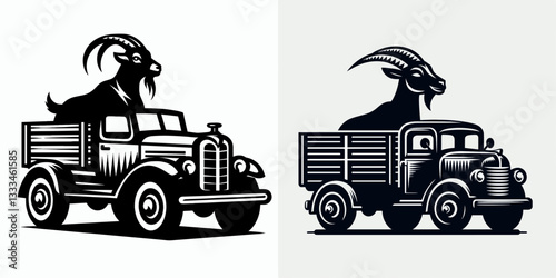 Goat drive retro truck minimalist silhouette graphic depicting a rugged countryside journey
