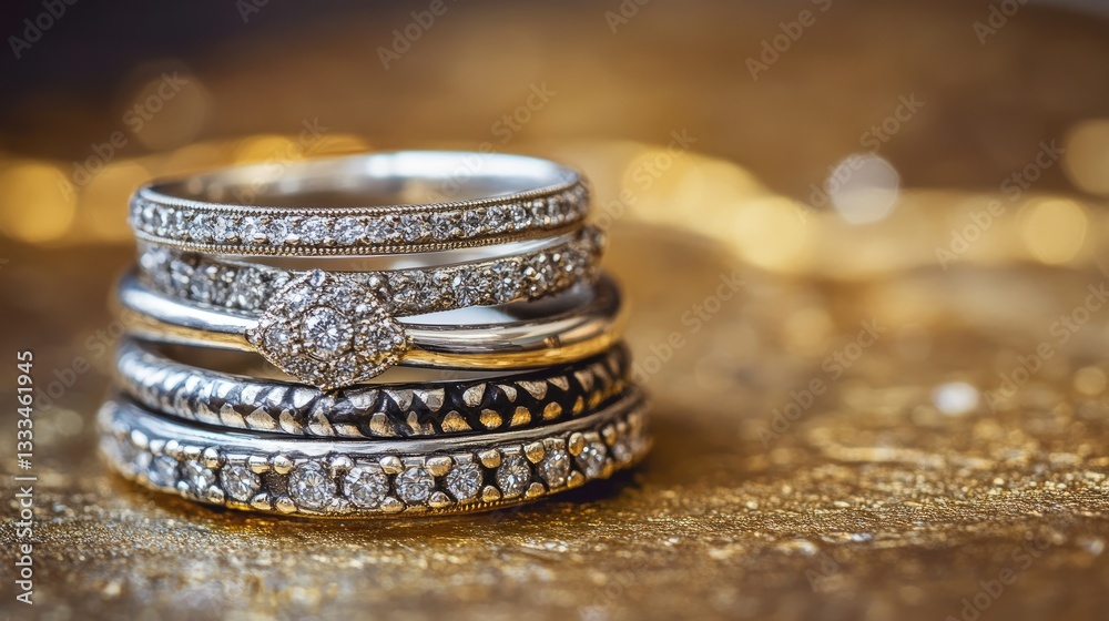 A collection of stacked silver rings, artistically arranged on a gradient gold-toned background. A collection of stacked silver rings, artistically arranged on a gradient gold-toned background.
