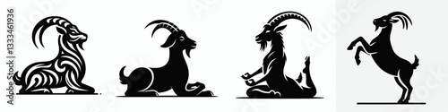 Goat sitting yoga poses vector drawing shows a serene mountain goat practicing mindfulness through various postures.